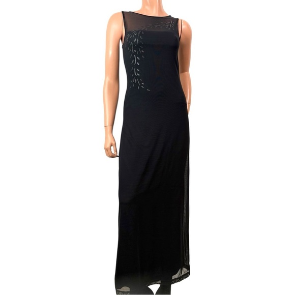 Y2K Black Mesh Dark Fairy Maxi Dress S Whimsigoth Sleeveless  Glitter Leaf Flame - Picture 2 of 7